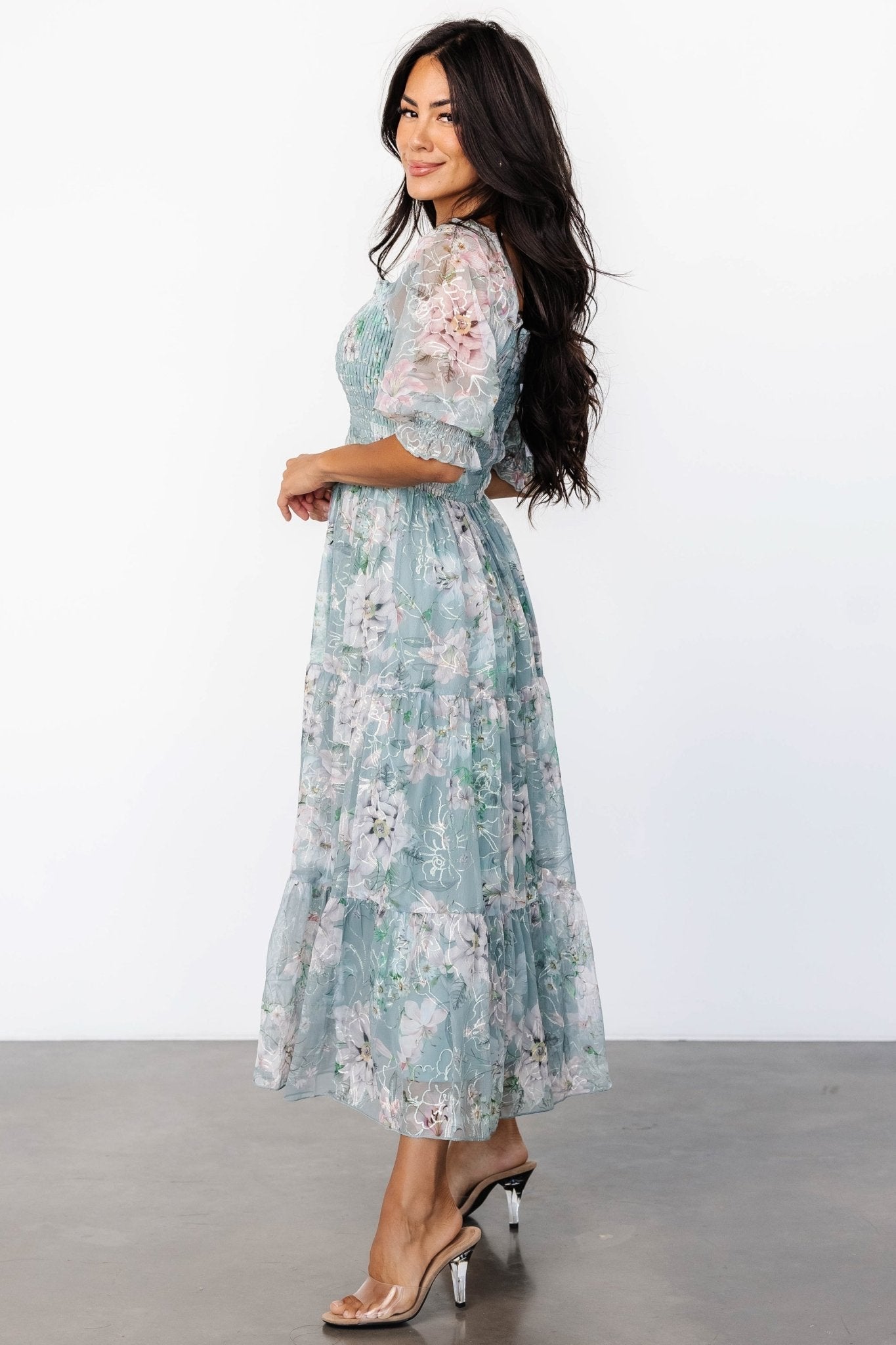 Fabian Jacquard Midi Dress | Light Sage + Blush