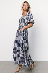 Lyndy Smocked Dress | Off White + Blue Gingham